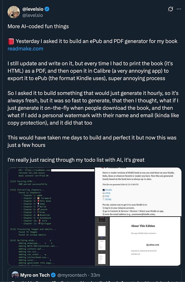 Screenshot of an online ePub and PDF generator interface using AI technology with options to add title, author, and cover image, plus download and copy HTML features.