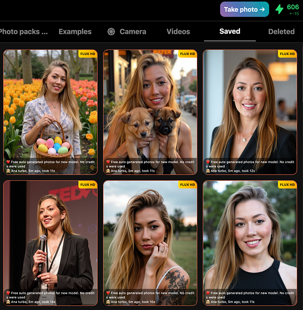 A grid of six auto-generated photos featuring a young woman in various settings and poses.