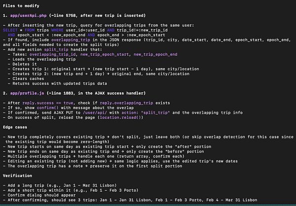 Screenshot of a travel planning app interface showing segmented trip dates with a popup form to split the Sao Paulo trip into three segments including a stopover in Florianopolis.