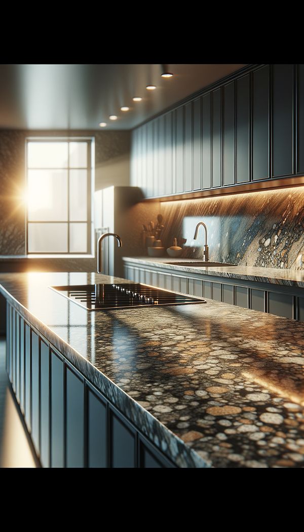 A sleek, modern kitchen with polished granite countertops showcasing a variety of subtle colors and patterns, reflecting the natural light from a nearby window.
