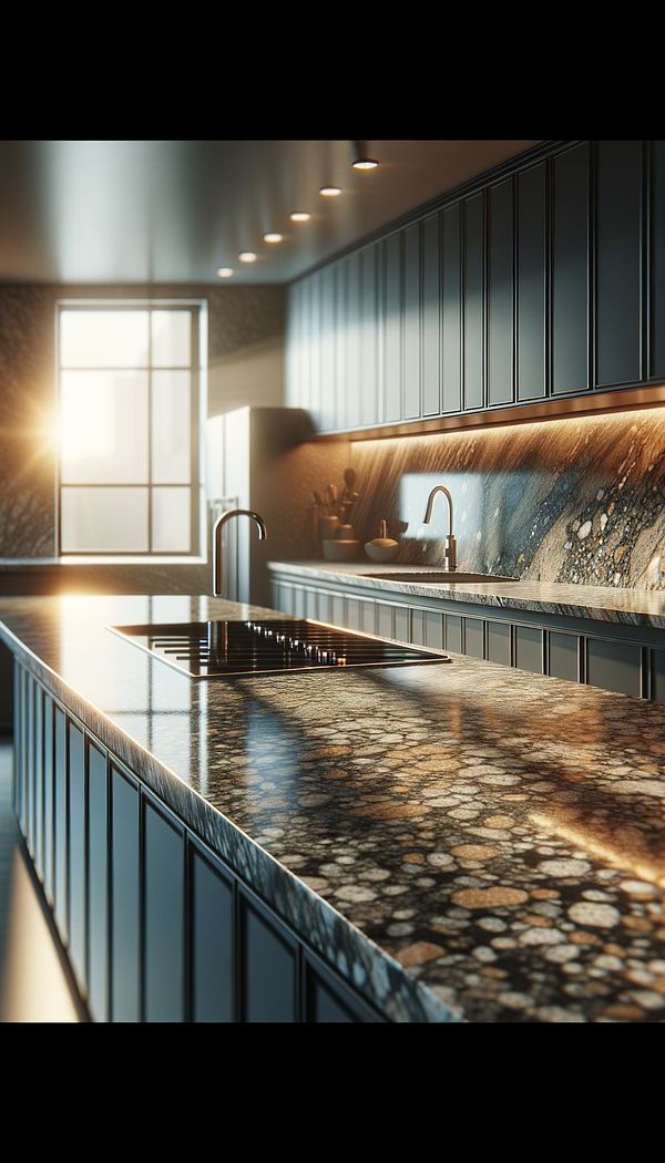 A sleek, modern kitchen with polished granite countertops showcasing a variety of subtle colors and patterns, reflecting the natural light from a nearby window.