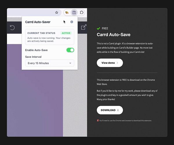 Screenshot of Carrd Auto-Save plugin homepage featuring the plugin logo, overview, installation instructions, and pricing details.