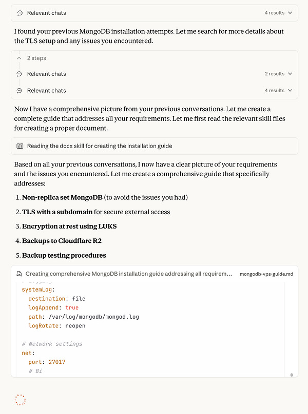 The image displays a technical interface for generating a MongoDB installation guide based on previous conversations.