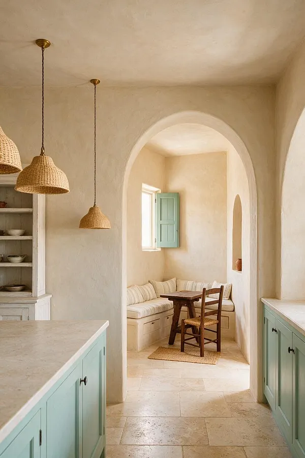 A warm Mediterranean-style kitchen with plaster walls, arched openings, pale stone flooring, and mint-green cabinets. Woven pendant lights hang over the space, and a cozy built-in banquette nook with striped cushions and a small wooden table sits beyond the archway.