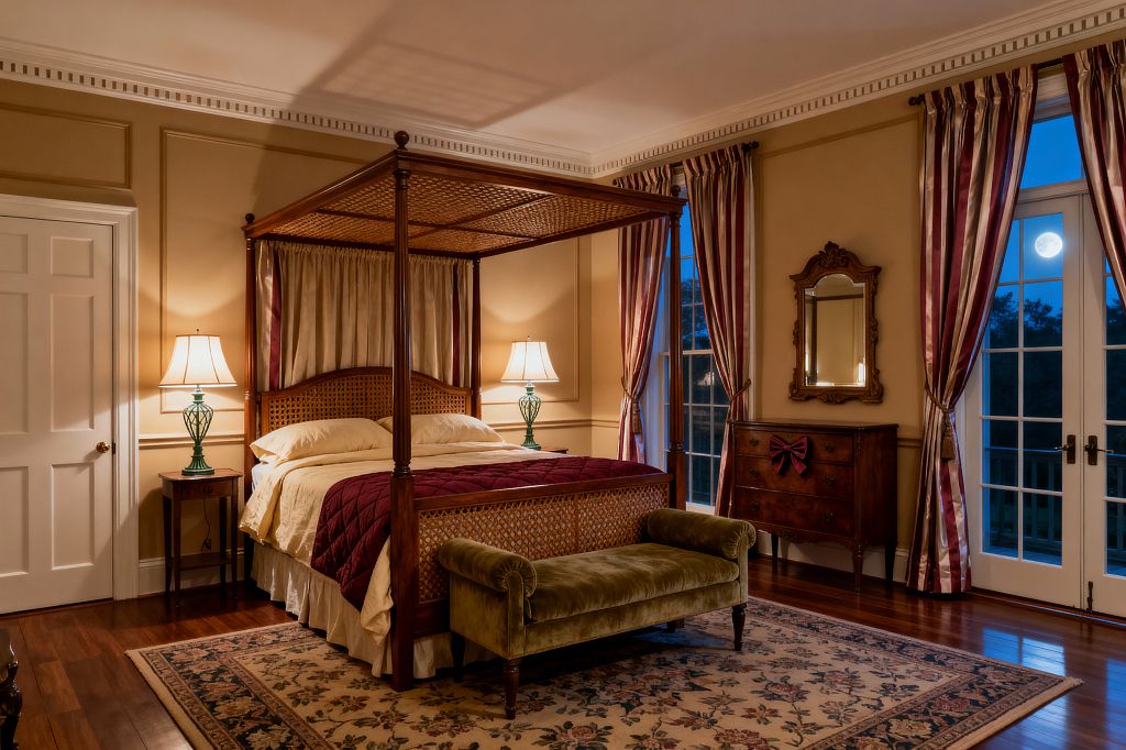 A traditional bedroom at night features a dark wood four-poster canopy bed with woven cane panels, cream bedding, and a burgundy quilt. An olive green velvet bench sits on a floral rug over polished hardwood floors. Matching bedside tables hold green lamps with white shades. Red-and-ivory striped curtains frame tall French doors and windows. A carved dresser and gilded mirror line one wall, with decorative moldings and warm beige paint throughout.