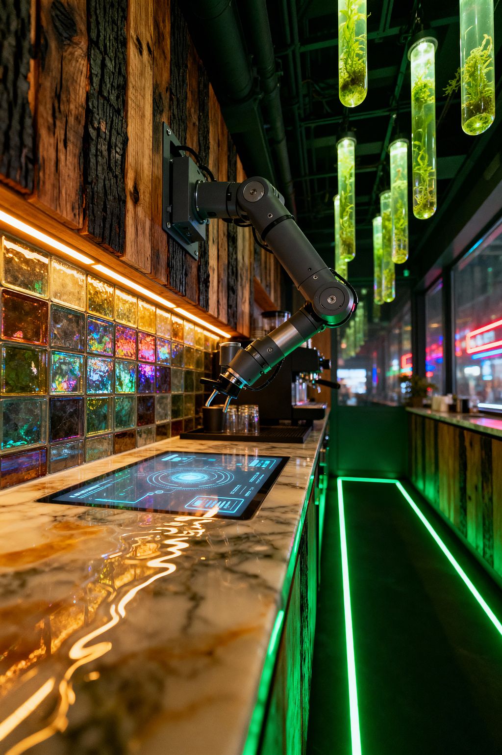 A narrow cyberpunk kitchen features a polished stone countertop with an inset glowing touchscreen beneath a graphite robotic arm mounted to the wall. The backsplash is made of iridescent glass blocks lit by warm LEDs, with charred and natural wood cladding above; exposed black pipes run along the ceiling, while suspended glass tubes with green-lit plants and neon green floor channels illuminate the galley next to windows reflecting city lights.