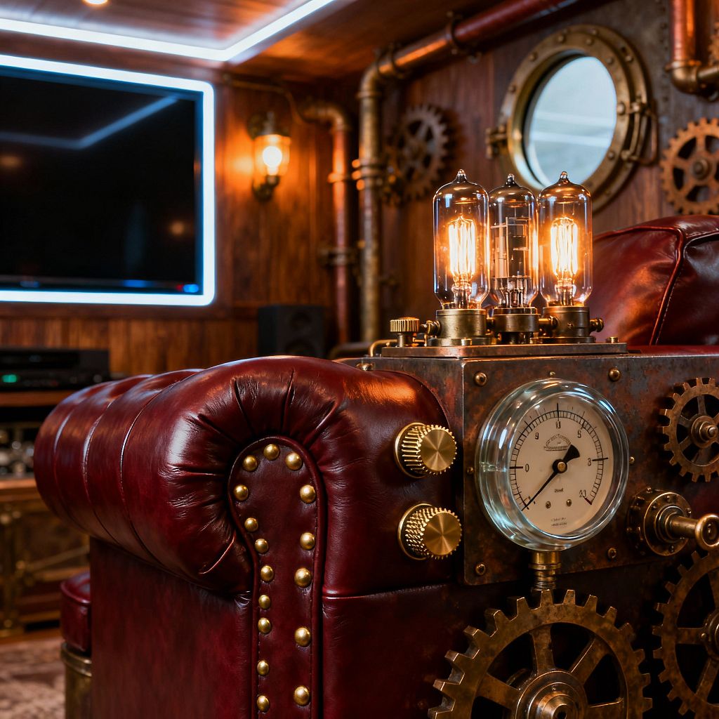 A steampunk media room featuring a deep oxblood tufted leather Chesterfield arm with brass rivets, attached to a custom console of aged metal with three glowing Edison tubes, an analog pressure gauge, and exposed gears. Behind it, dark wood paneling, copper pipes, a brass porthole, and a caged wall sconce frame a flat-screen TV with cool LED backlighting, creating a warm, industrial-Victorian atmosphere.
