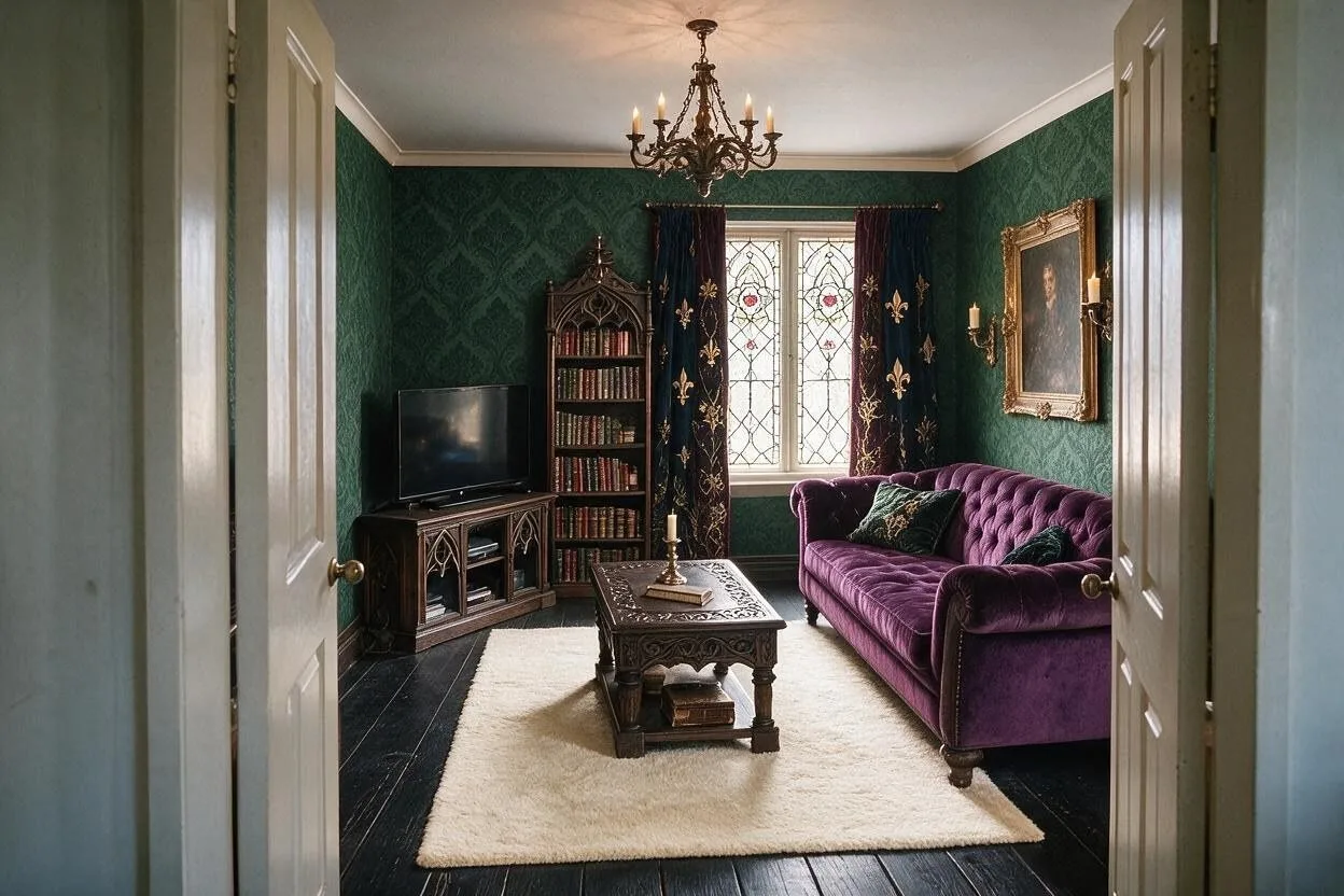 The same Gothic living room in the Forest Chapel palette: forest green, plum, dark oak, bronze, and bone
