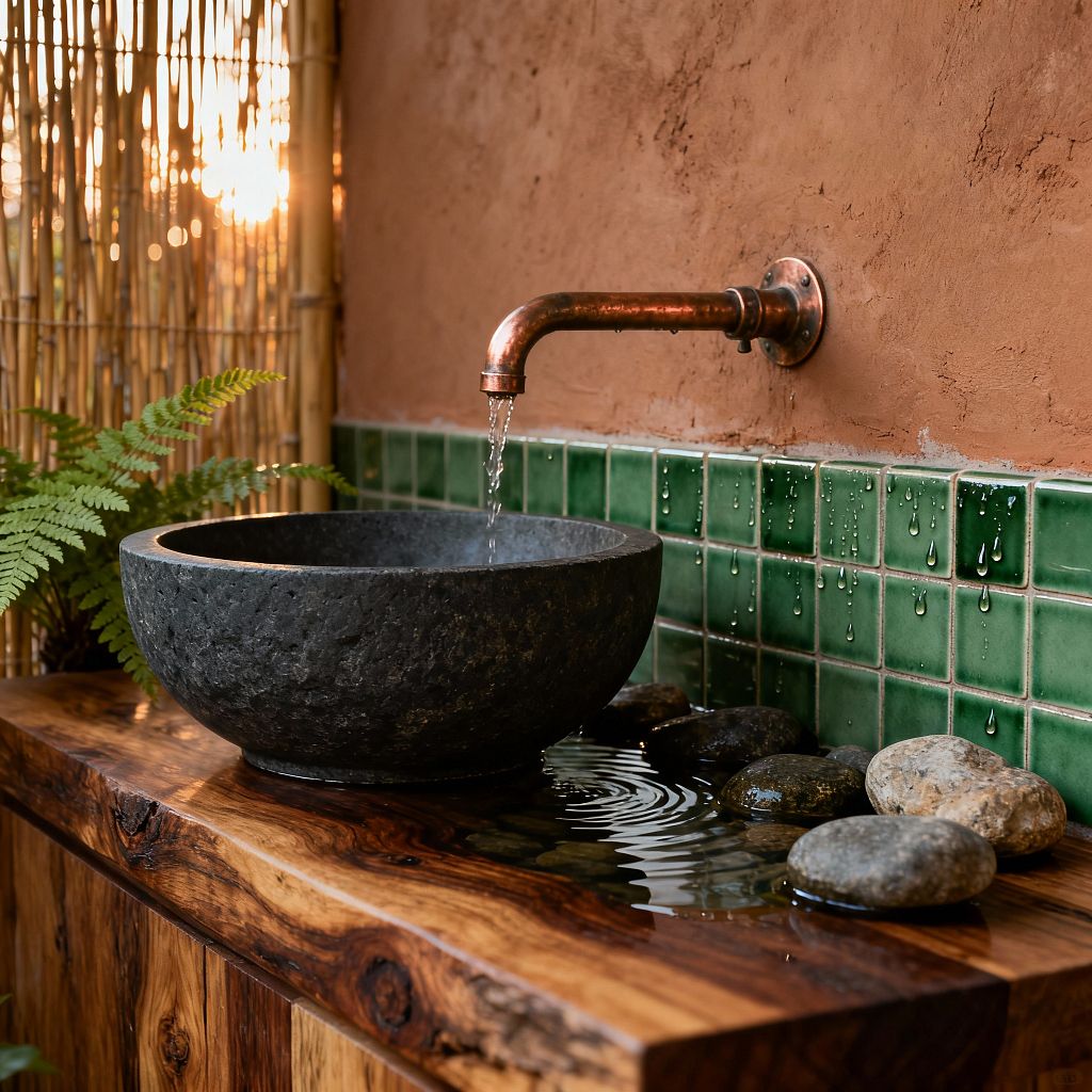 Close-up of a bathroom sink in a biophilic style: a round, textured dark stone bowl sits on a live-edge wood counter with water pooling among smooth river stones. A wall-mounted copper spout pours a thin stream above a backsplash of small, glossy green tiles, set against a matte terracotta plaster wall. A bamboo screen glows with warm natural light at left, with a fern frond adding greenery and softening the scene.