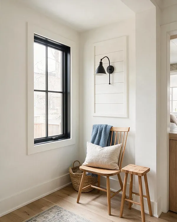 A bright farmhouse sunroom nook with a black-framed window, white shiplap accent panel, and matte black wall sconce. A natural wood chair with a cream pillow and blue throw sits beside a small matching stool, with a woven basket on the floor and light wood flooring. The space feels warm, simple, and airy.