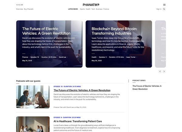 The image displays a digital interface for the Phanatik theme featuring podcast episodes on various topics.
