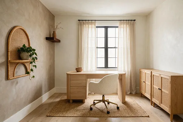 A serene home office with a light oak desk centered under a black-framed window, sheer curtains, and a cream swivel chair on a natural jute rug. Rattan wall decor, woven cabinet fronts, and a floating shelf with a vase and branches add organic texture to the neutral room.