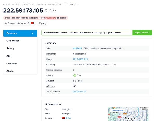The image displays an IP address report for 222.59.173.105, flagged as abusive.