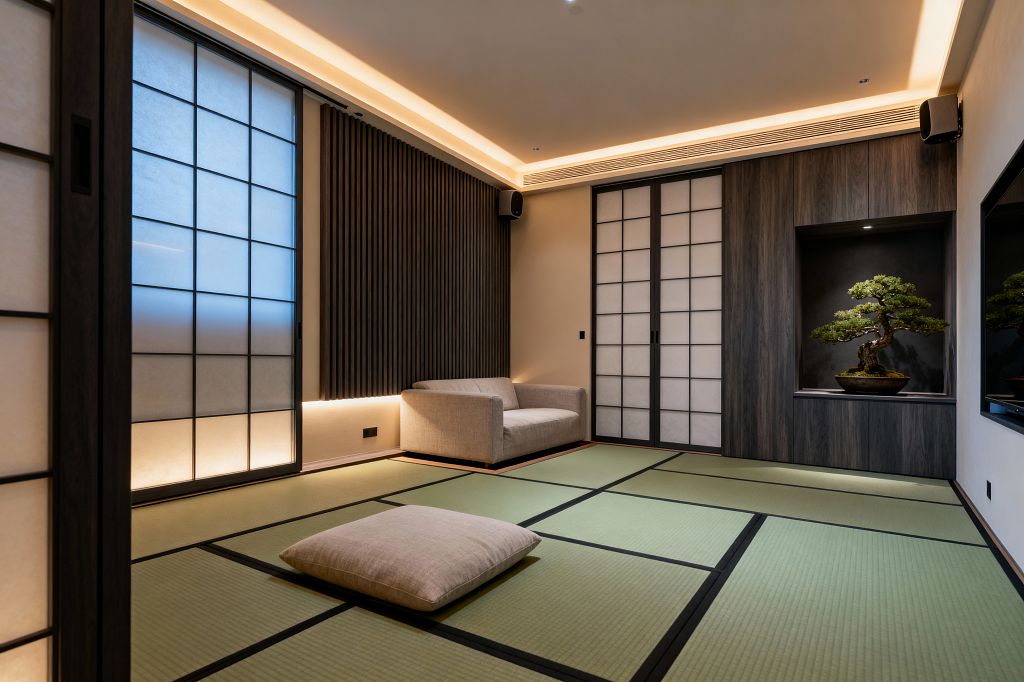 A minimalist media room with pale green tatami mats bordered in black, flanked by sliding shoji doors with translucent panels in dark wood frames. A low beige linen sofa sits against a wall of vertical dark wood slats, while a recessed niche displays a bonsai under a spotlight. Warm LED cove lighting traces the ceiling and baseboards, and discreet wall speakers and a flat-screen TV complete the serene, Japanese Zen space.