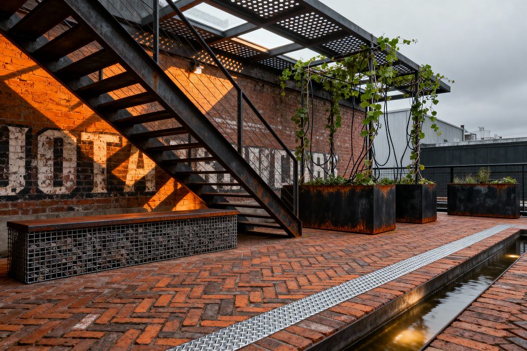 An urban industrial patio featuring herringbone red-brick paving against an exposed brick wall with faded painted lettering. A black steel stair with cable railing rises beneath a perforated metal canopy casting dramatic shadows, while oversized rusted steel planters support climbing vines beside a linear water rill with recessed lights; a gabion bench with a timber seat extends along the wall, completing the gritty yet inviting outdoor space.