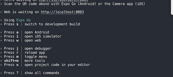 Screenshot of a browser window displaying a React Native starter project setup with Expo on a macOS desktop.