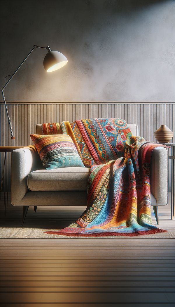a cozy living room with a colorful blanket draped over a mid-century modern sofa