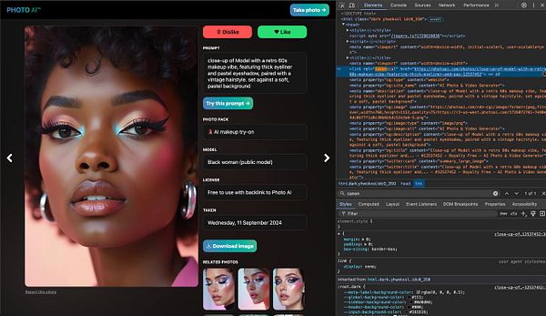 A close-up portrait of a model showcasing vibrant makeup against a soft pastel background, alongside a web interface displaying image details and code.