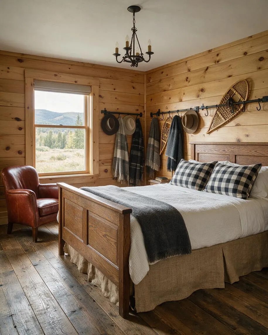 A rustic master bedroom with knotty pine plank walls, a wooden bed frame, and a black metal chandelier. The room features plaid pillows, a leather armchair by the window, wall-mounted coat and hat hooks, and warm wood flooring with a view of mountains outside.