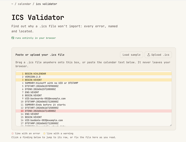 Screenshot of a web-based ICS validator fulfilling a Todo task described as "Shipped an ICS validator".