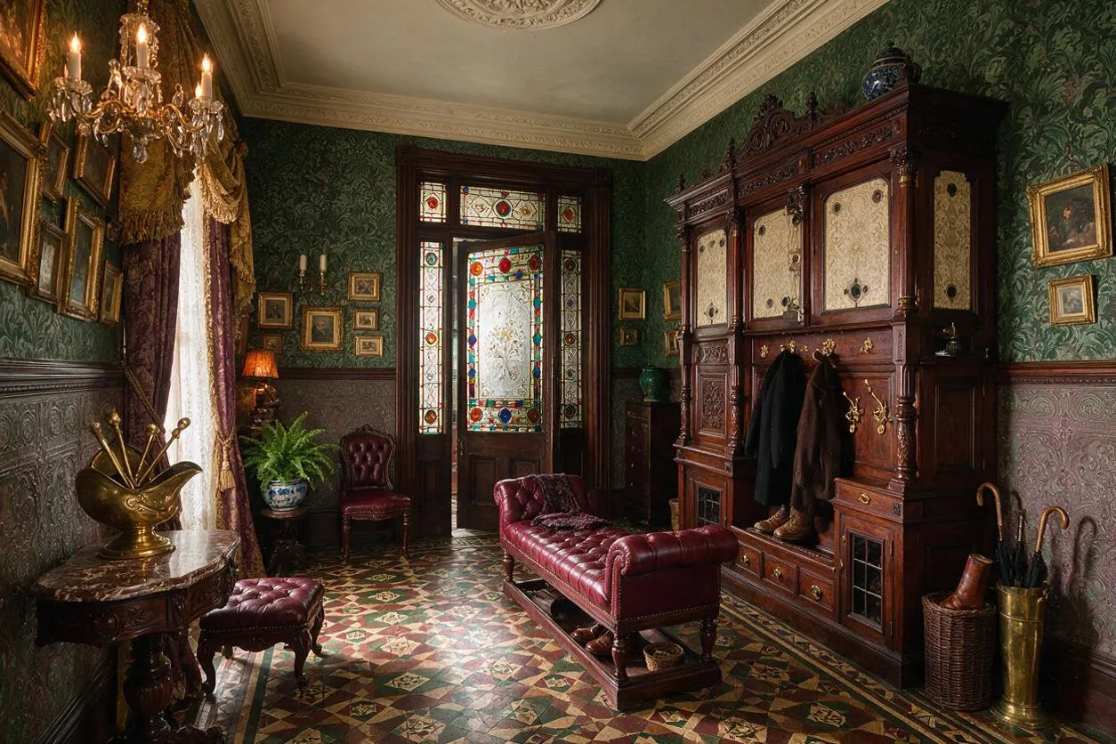 A richly decorated Victorian entryway with dark green patterned wallpaper, carved wood paneling, and a large mahogany hall cabinet beside a stained-glass front door. A burgundy tufted leather bench, matching stool, framed artwork, brass umbrella stand, and chandelier complete the elegant, old-world space.