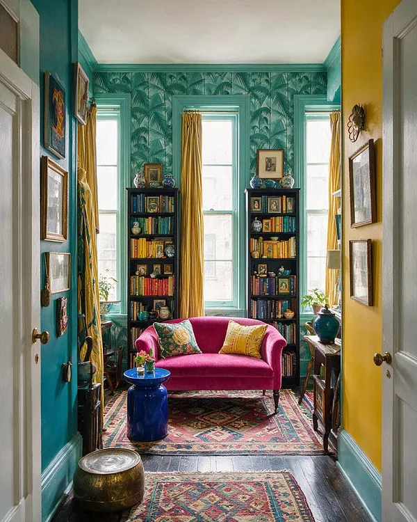 A narrow sunroom filled with maximalist decor features teal palm-print wallpaper, mustard yellow curtains, and a bright pink velvet sofa centered between two tall black bookcases. Layered patterned rugs, framed artwork, glossy blue side table, and colorful accessories create a richly textured, eclectic space.