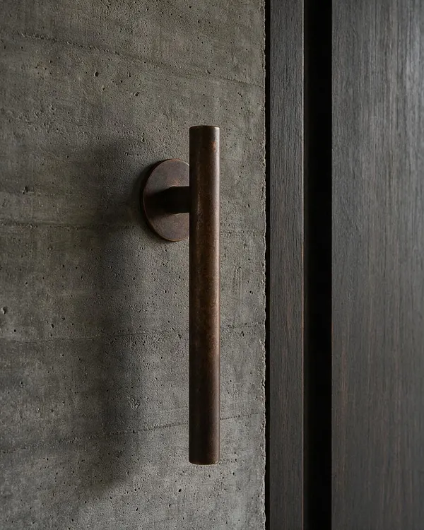 A close-up of a dark bronze cylindrical door pull mounted on a rough cast-concrete wall beside a dark wood panel. The composition emphasizes heavy textures, minimal forms, and shadow, creating a moody Brutalist detail.