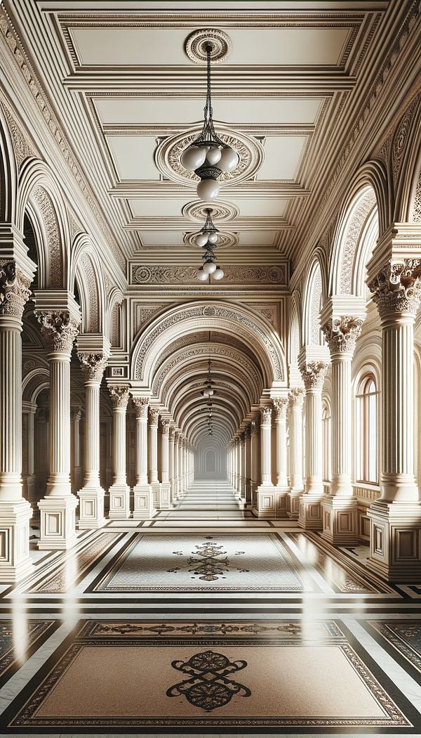 An elegant interior arcade with a series of arches supported by ornate columns, delicately dividing a spacious and well-lit room, showcasing a mixture of traditional and contemporary design elements.