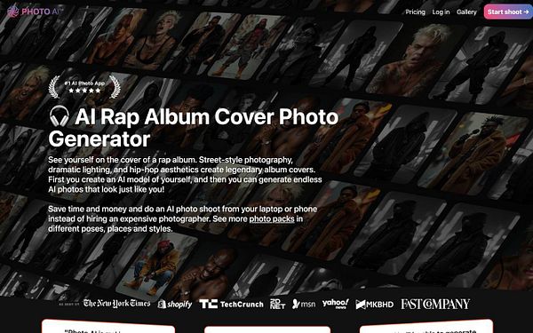 The image promotes an AI-powered rap album cover photo generator service.