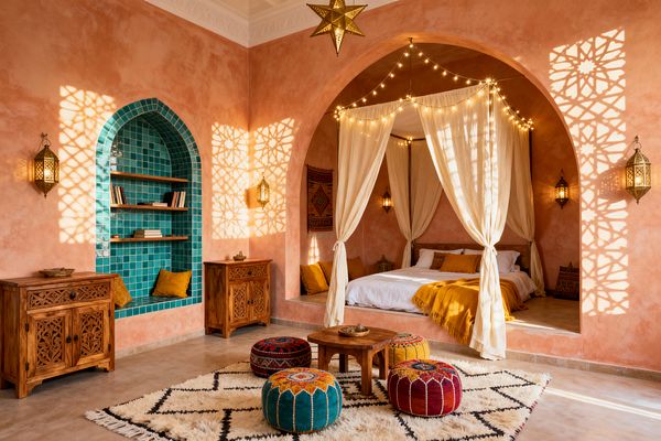 A Moroccan-inspired kids’ room with sunlit terracotta plaster walls features an arched alcove bed draped in white canopy curtains and strung with fairy lights. Brass lantern sconces and a star pendant cast patterned shadows, while a teal zellige-tiled niche with shelves and a bench sits beside carved wooden cabinets; a cream shag rug with black diamonds anchors a low wood table with colorful embroidered poufs and mustard cushions.