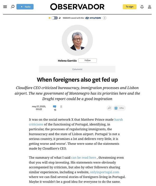The image features an article from the Observador Portugal newspaper discussing criticisms of Portugal's bureaucracy and immigration processes.