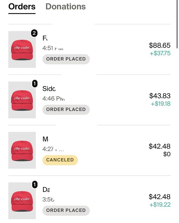 The image displays a list of orders for a red 'vibe coder' hat, showing their statuses and prices.