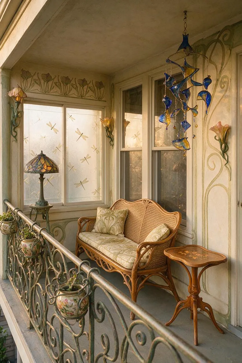 A narrow front porch designed in Art Nouveau style, featuring a wicker settee with patterned cushions, a small carved wooden side table, and decorative wrought-iron railing with hanging floral planters. The walls and windows are adorned with painted vine and flower motifs, while a blue stained-glass mobile and a stained-glass lamp add jewel-toned accents in soft warm light.