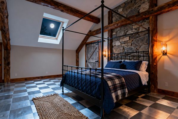 A rustic farmhouse bedroom showcases a black metal four-poster bed dressed in navy quilted bedding and a plaid wool throw. Rough fieldstone forms a dramatic headboard wall framed by exposed log beams, with a weathered wood sliding barn door and glass lantern sconces casting warm light; a gray-and-charcoal checkered tile floor and woven jute rug ground the space, while a skylight overhead reveals the moon and brings soft night illumination.