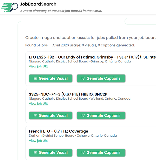 A user interface of a job board website with job listings and a sidebar filter for generating job visuals.