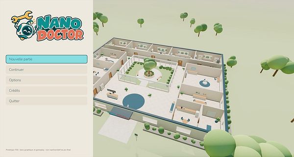 Main menu screen of the Nano Doctor game prototype with a 3D rendered hospital floor plan.