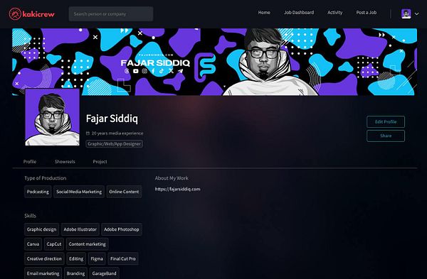 The image displays a user profile on the Kakicrew platform for Fajar Siddiq, a graphic/web/app designer.