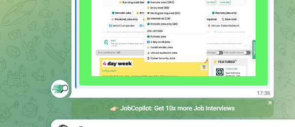 Screenshot of a Telegram group chat discussing adding a JobCopilot link to the group's JobBoardSearch.
