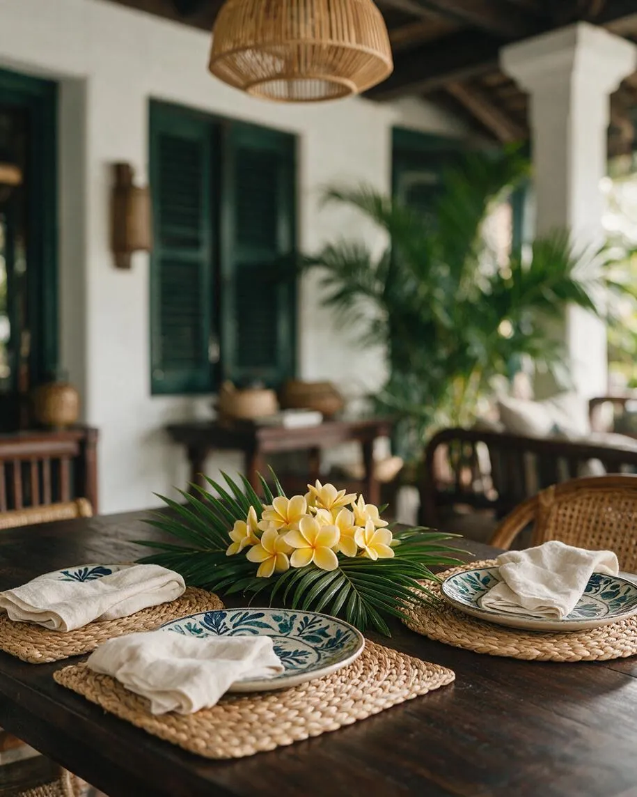 A tropical dining vignette with a dark wood table set with woven placemats, patterned ceramic plates, and folded white napkins. A centerpiece of green palm fronds and pale yellow flowers sits in the middle, with rattan seating, dark green window shutters, and a woven pendant light in the background.