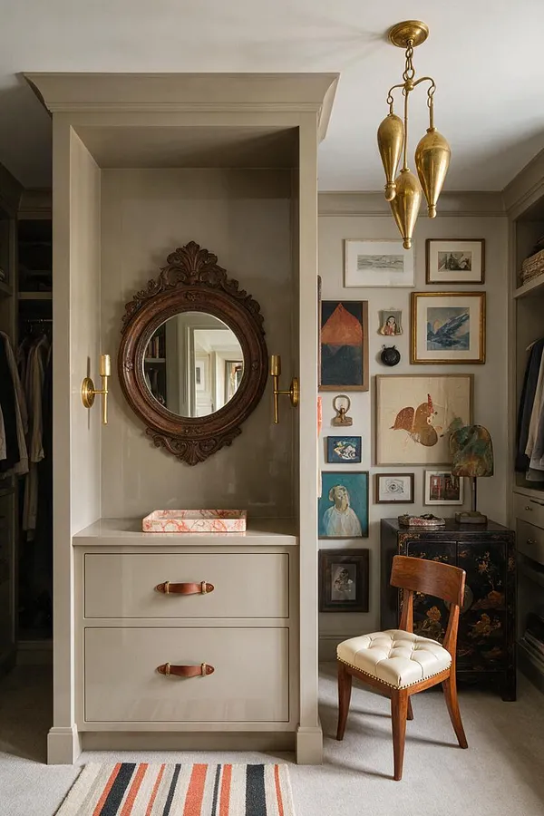 A closet with built-in taupe cabinetry, a carved round wooden mirror, brass wall sconces, and two drawers with leather pulls. The adjacent wall is filled with framed artwork, and a tufted cushioned wooden chair sits beside a black decorative cabinet, all under a brass pendant light.