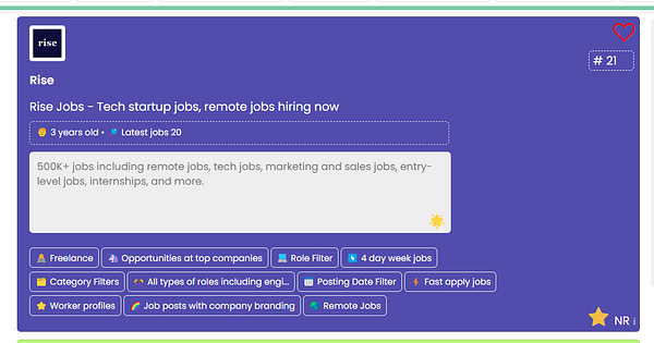 The image displays a job board interface for Rise, showcasing various job opportunities and features.