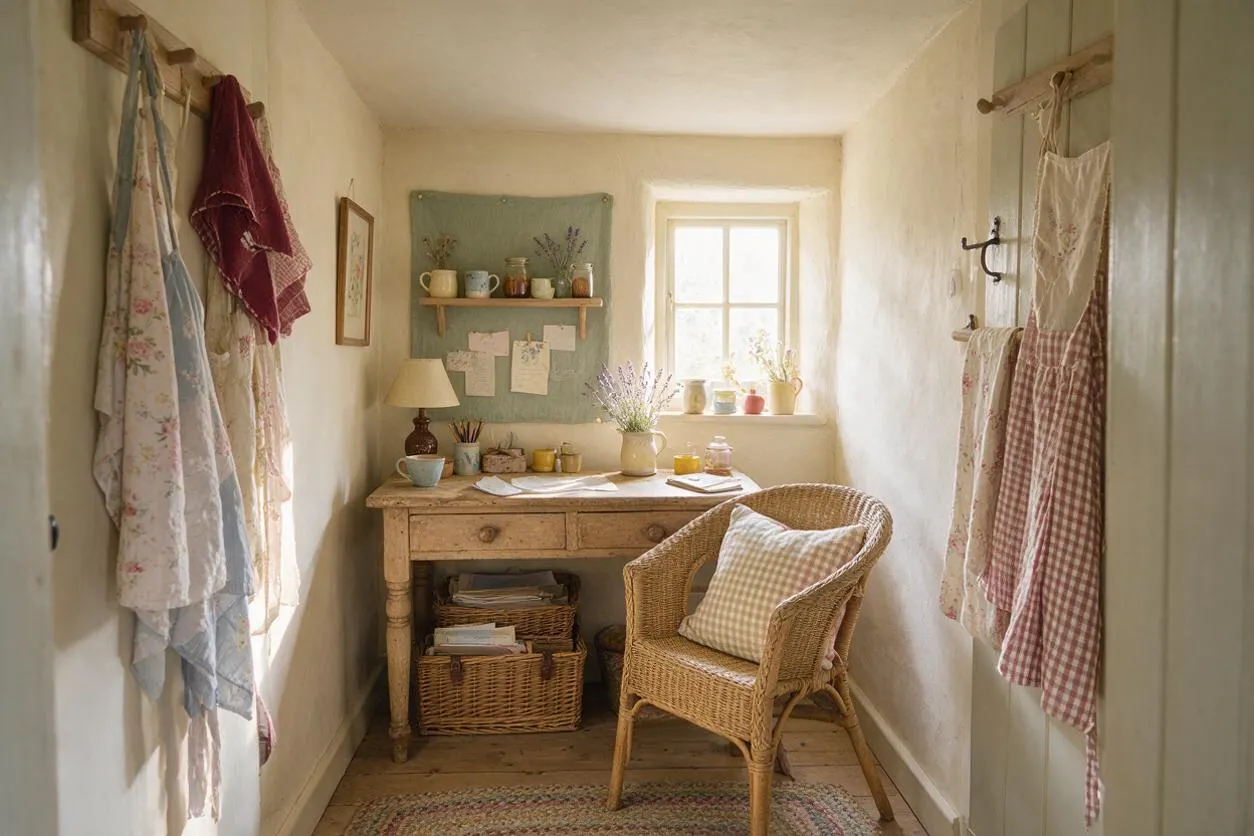 A narrow cottagecore home office with a rustic wooden desk beneath a small window, surrounded by soft cream walls and hanging floral aprons or textiles on both sides. A wicker chair with a gingham cushion, woven baskets, a small lamp, pinned notes, and pastel mugs create a cozy, handmade workspace.