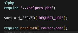 The image displays a snippet of PHP code related to routing in a web application.