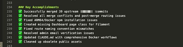 A code editor interface displaying a list of key accomplishments related to a software project.