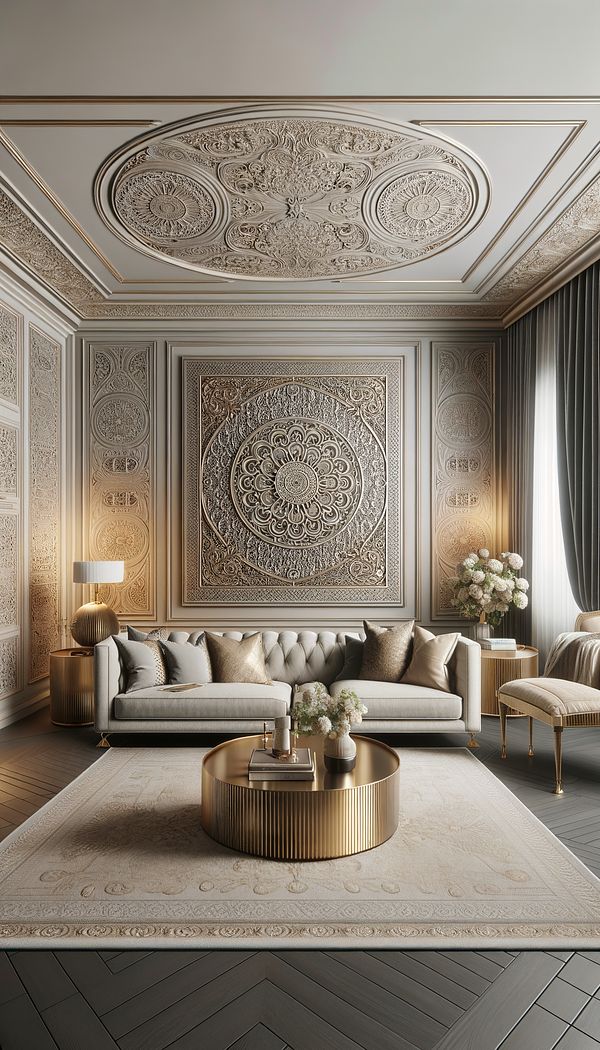 A luxurious living room featuring a statement wall with a large-scale guilloche pattern, accompanied by furniture with guilloche details.