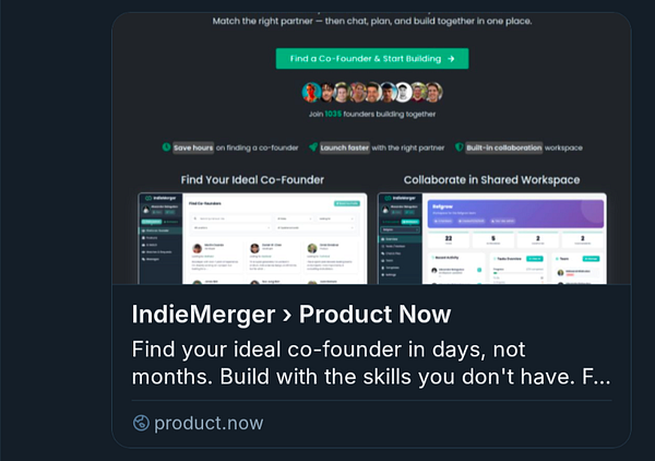 The image displays a promotional interface for a platform called IndieMerger, aimed at helping users find co-founders for their projects.