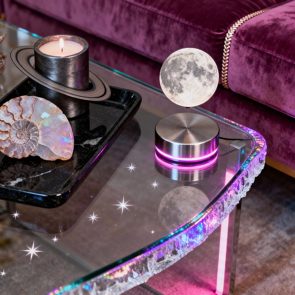 Close-up of a living room vignette featuring a glass coffee table with a chiseled, textured edge illuminated by pink and blue LED light. A stainless base levitates a moon-shaped lamp, while a black marble tray holds a brushed metal Saturn-style candleholder and an iridescent ammonite shell. Star-like reflections scatter across the glass. In the background, a deep plum velvet sofa with gold zipper trim sits on a soft gray rug.
