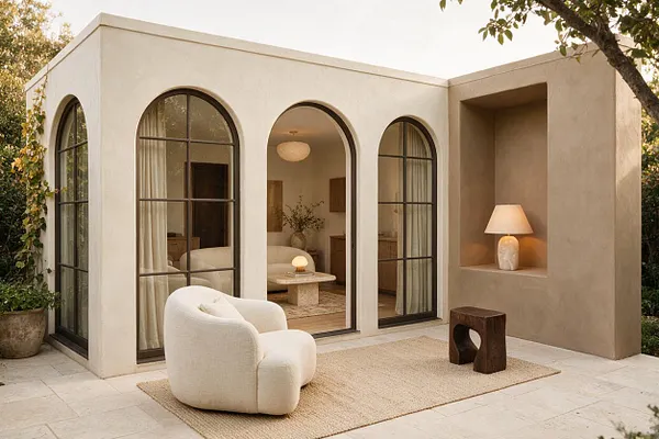 A serene backyard courtyard in Organic Modern style features smooth stucco walls, tall arched black-framed glass doors, and a recessed outdoor niche with a lamp. A sculptural white boucle chair sits on a woven rug beside a small dark wood stool, with soft neutral tones and surrounding greenery creating a calm, sunlit atmosphere.