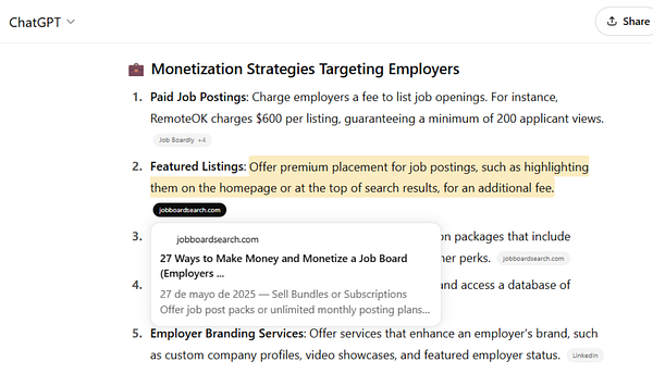 The image displays a screenshot of a document outlining monetization strategies for job boards.