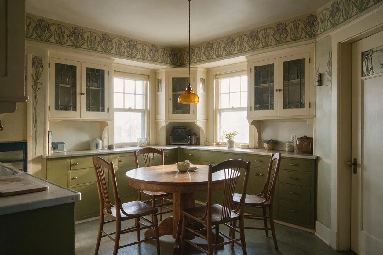 A bright vintage kitchen with olive-green lower cabinets, cream upper cabinets with leaded glass fronts, and a round wooden table surrounded by four wooden chairs. Art Nouveau floral border wallpaper wraps the top of the walls, while two tall windows and a warm amber pendant light fill the room with soft daylight.